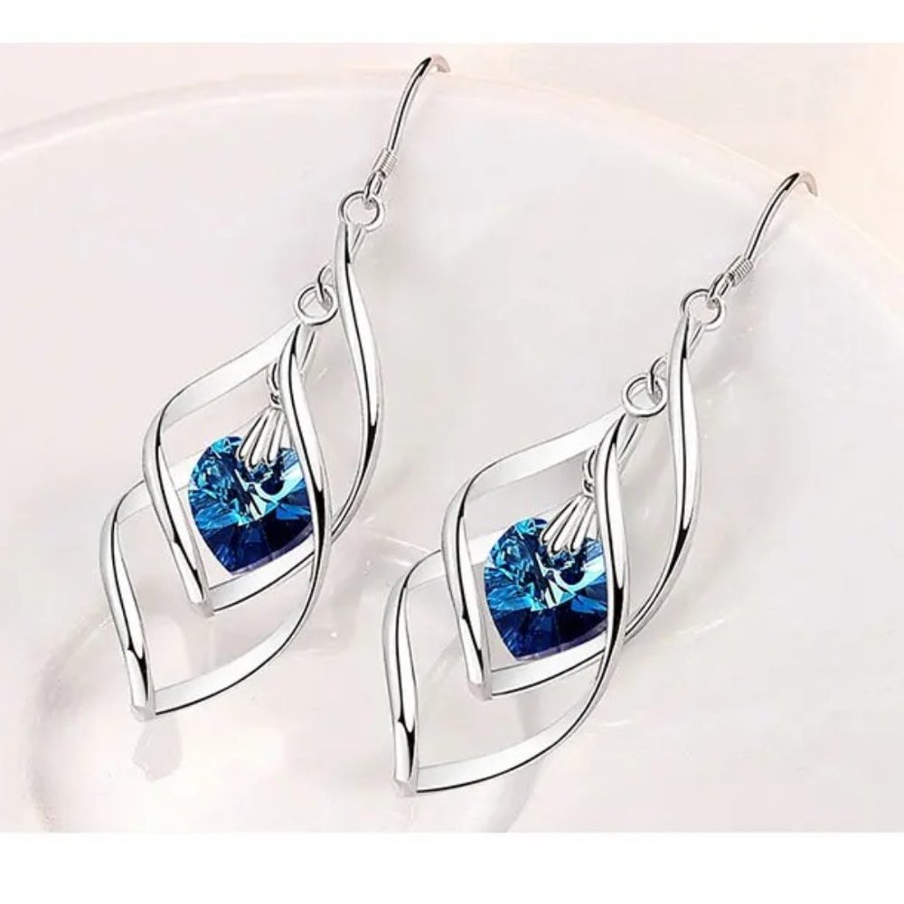 Beautiful .925 Sterling Silver and Blue Heart Drop Earrings " Hypoallergenic "